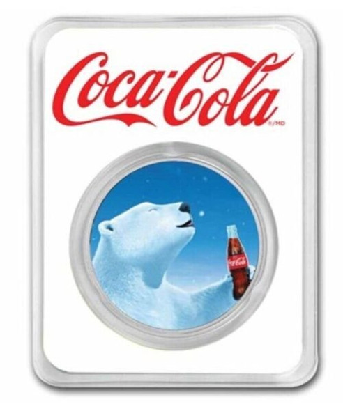 Coca-Cola® 1 oz Silver Polar Bear Colorized Round In TEP & Blue Velvet Gift Bag