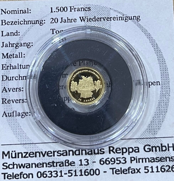 2012 - TOGO 1500 francs in 9999 gold (0.5g), PP - 20 years reunification