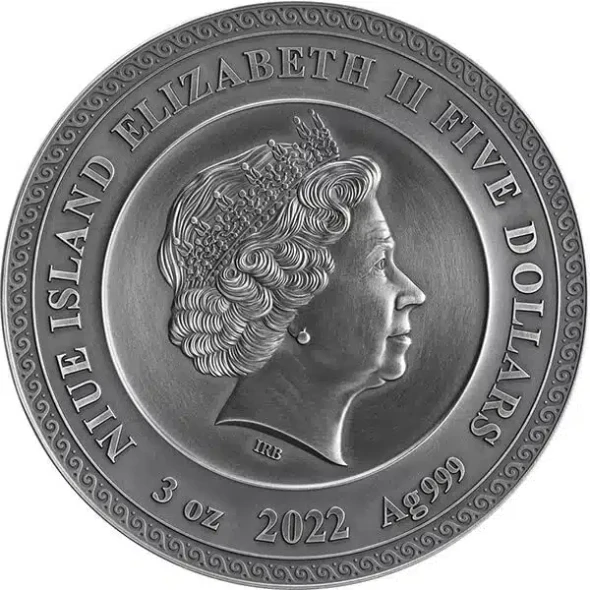 2022 - Helios Divine Faces of the Sun 3 oz Antique finish Silver Coin 5$