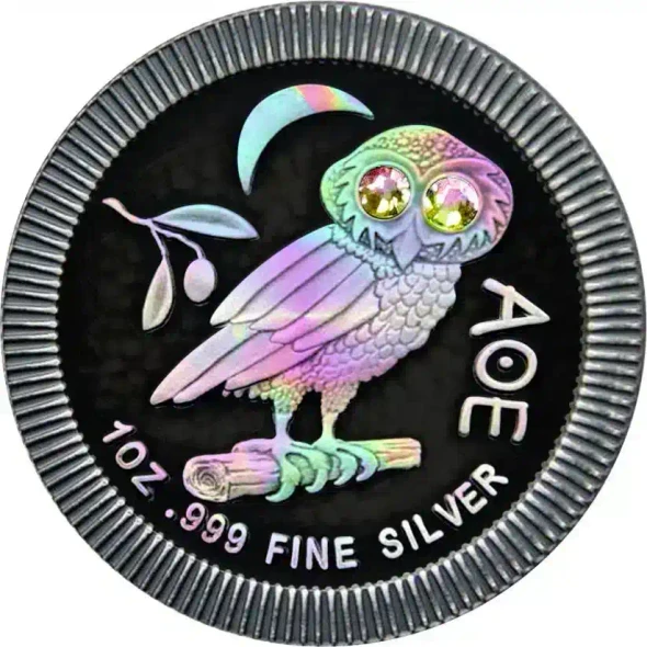 2020 2$ Athenian Owl Ruthenium Hollo 1Oz Silver With Swarovski Crystals
