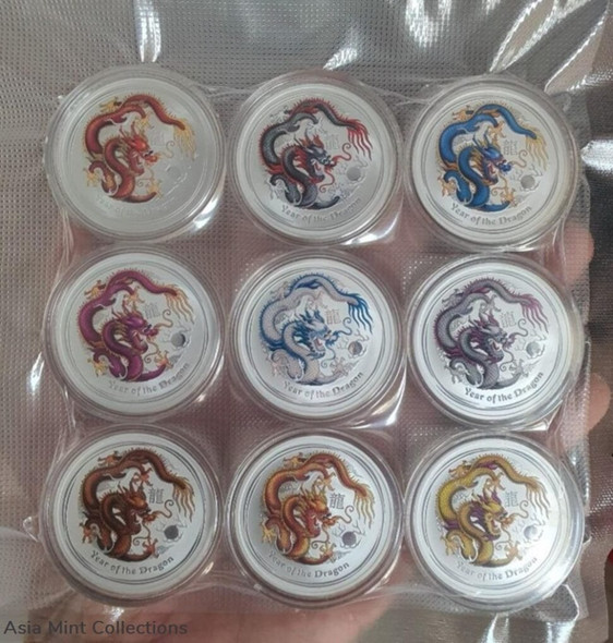 2012 Perth Mint Australia 9 x 1oz Silver Dragon Lunar Series Colorized (Set of 9 Coins)