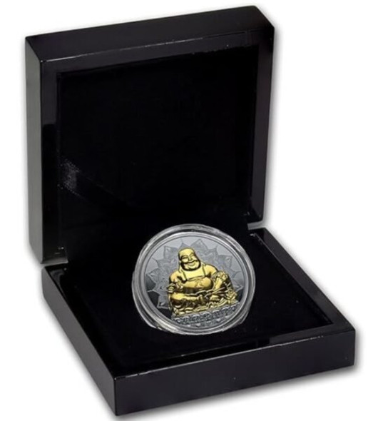 2017 - 2 Oz BLACK PROOF Silver $10 Palau LAUGHING BUDDHA High Relief Coin.