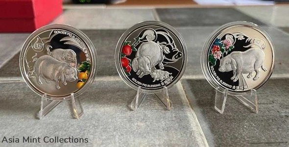 2019 NIUE Island-New Zealand Mint Minted Golden Pig Blessing $2 Colorized Silver Proof 3-Coin Set