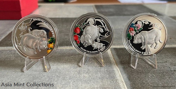 2019 NIUE Island-New Zealand Mint Minted Golden Pig Blessing $2 Colorized Silver Proof 3-Coin Set