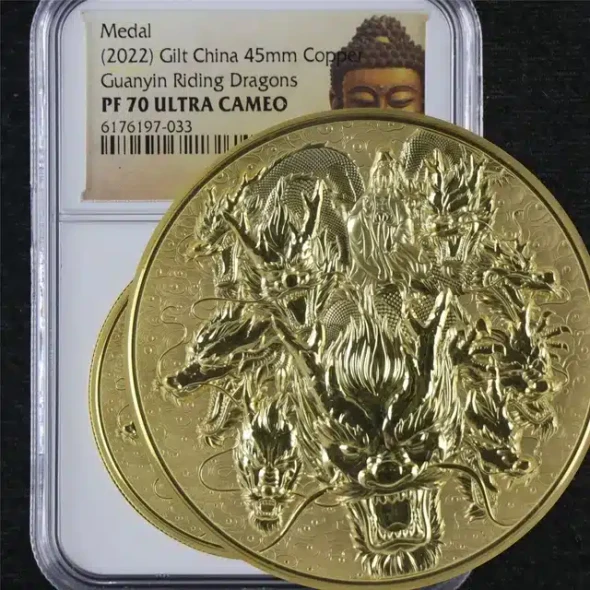 2022 China Cooper Gilded Proof Medal - GuanYin Ridding Dragon - NGC PF70 With Special Buddha