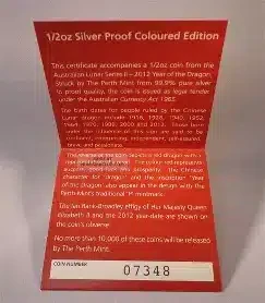 2012 Australia $1 + $15 (Series II) Lunar Year of Dragon Colorized Silver Coin