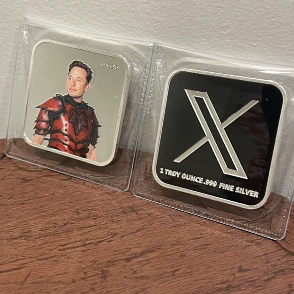 2023 - 1 OZ .999 Fine Silver Square Bar Colorized Elon Musk X Logo Back - Ltd Ed. #/250