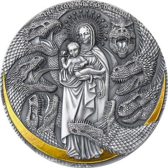 2021 - The Lady and the Dragon Apocalypse 3 oz Antique finish Silver Coin Cameroon