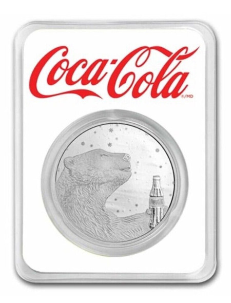 Coca-Cola®1 oz Silver Polar Bear Round in TEP &amp; Blue Velvet Gift Bag