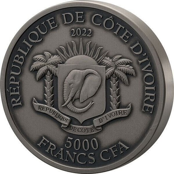 2022 - King Kobra Big Five Asia 5 oz Antique finish Silver Coin CFA Ivory Coast