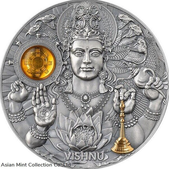 2023 - Vishnu Divine Faces of the Sun 3 oz Antique finish Silver Coin 5$ Niue