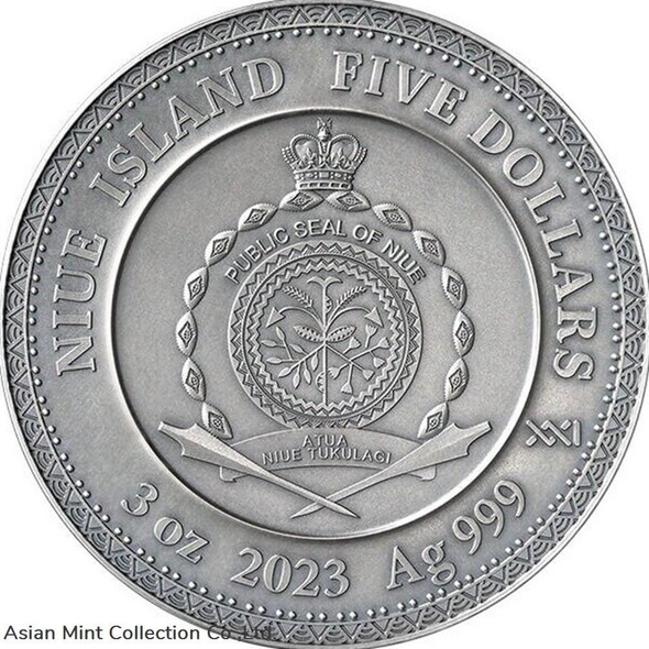 2023 - Vishnu Divine Faces of the Sun 3 oz Antique finish Silver Coin 5$ Niue