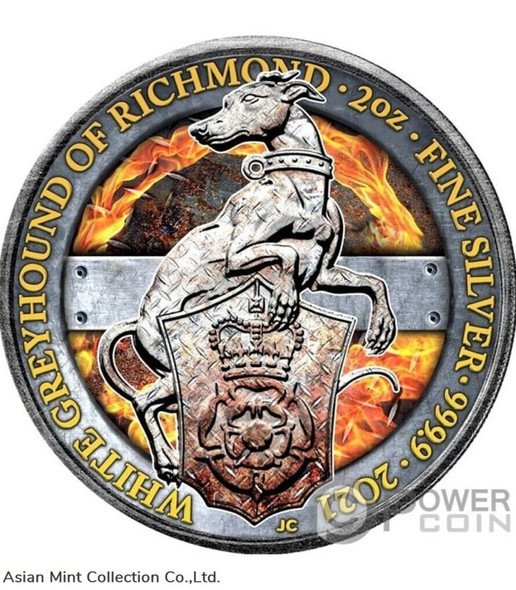 2021 - 2 OZ Silver Queen's Beasts White Greyhound Iron Power Edition In Box
