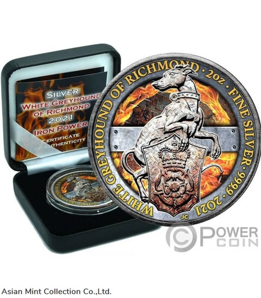 2021 - 2 OZ Silver Queen's Beasts White Greyhound Iron Power Edition In Box