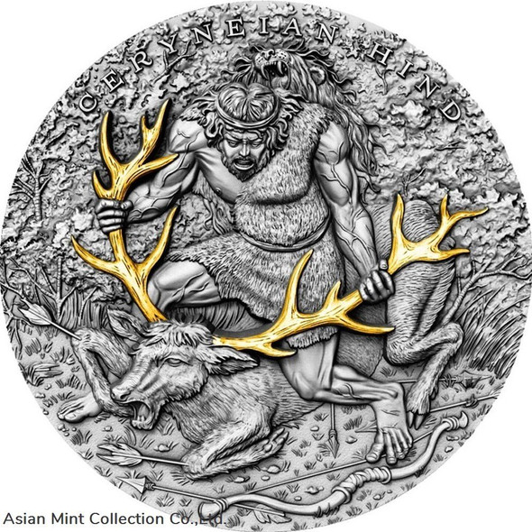 2020 - Twelve Labours of Hercules - Ceryneian Hind - $5 silver coin with Gold plated 24K 2 oz
