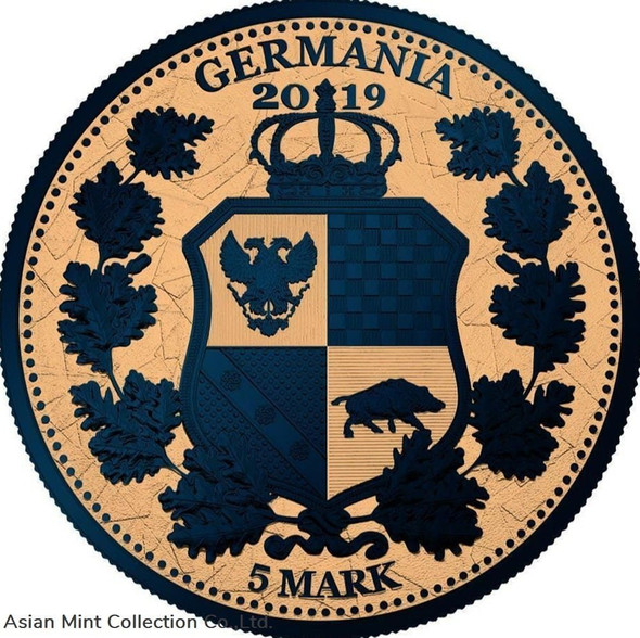 2019 5 Mark Columbia & Germania-Gilded & Dark Blue 1 Oz Silver Coin