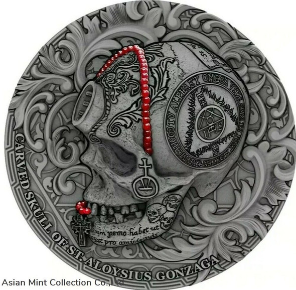 2018 1 Oz Silver CARVED SKULL BONES OF ST. ALOYSIUS GONZAGA Antique Coin
