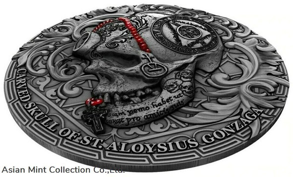 2018 1 Oz Silver CARVED SKULL BONES OF ST. ALOYSIUS GONZAGA Antique Coin
