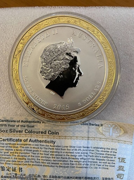 2015 Australia Lunar Goat Silver Coloured Coin - 5oz (Mintage of 1794 Only Worldwide)