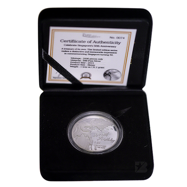 1 oz Singapore 50th Anniversary Silver Medallion - Merlion with Singapore Map Design