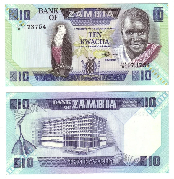 Banknote - 1980-88 Zambia, 10 Kwacha, P26 UNC, African Fish Eagle (F) Bank (R)