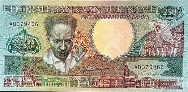 Suriname 250 Gulden 1988 UNC P-134 Banknote, Anton de Kom