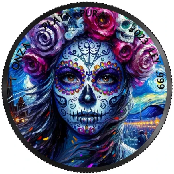 Dia de los Muertos 1oz Silver Coin Black Ruthenium and Color Mexico 2023