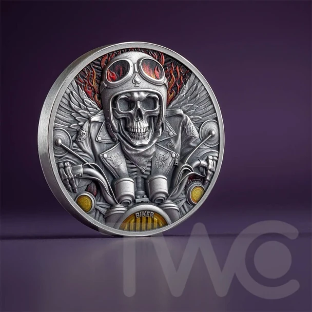 Biker Memento Mori 1 oz Antique finish Silver Coin 5 Cedis Ghana 2024