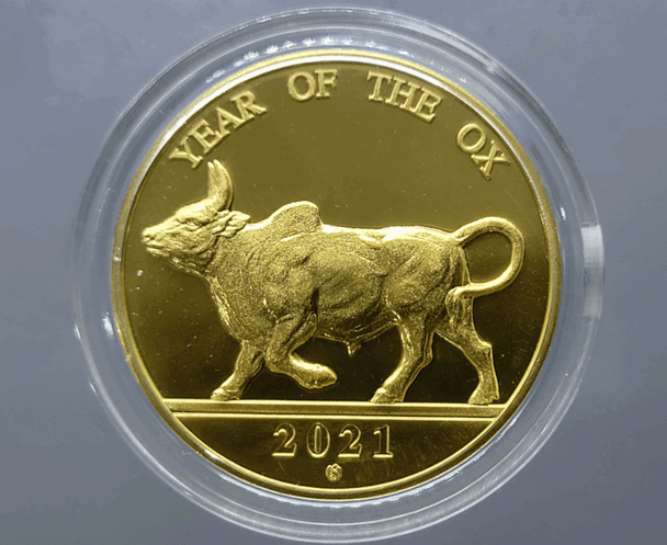 Copper zodiac coin, gold plated, Year of the Ox, 2021 (B.E. 2564), minted by the Treasury Department, uncirculated.