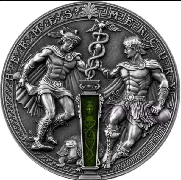 Silver Coin Hermes & Mercury 2 oz Antique Finish 5$ Niue 2022