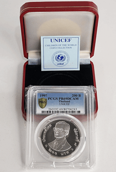 200 Baht Polished Silver Coin, Children Playing with Pieces, 50th Anniversary of the United Nations Children's Fund UNICEF, 1997, PCGS PR 69 DCAM Grade Coin