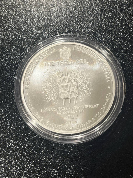 2023 - Nikola Tesla The Tesla Coil 1oz Silver 9999 Serbia 100 Dinar ST/BU