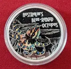 2008 Australia Blue-Ringed Octopus 1 Oz Silver Proof Coin with Color - Perth Mint