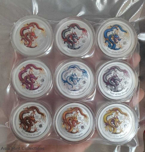 2012 Perth Mint Australia 9 x 1oz Silver Dragon Lunar Series Colorized (Set of 9 Coins) physical Themed Coins Perth Mint
