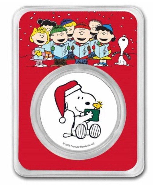 2023 - Peanuts® Snoopy Santa Holding Woodstock Colorized .999 Silver TEP &amp; Velvet Bag