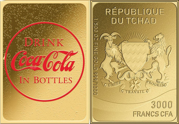 2023 - BOTTLES COCA COLA Through Decades 1/500 Oz Gold Coin 3000 Francs Chad