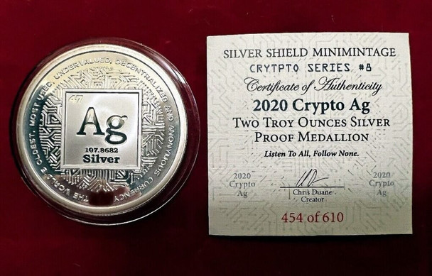 2020 - 2 Oz. .999 Fine SILVER SHIELD PROOF CRYPTO AG Mini Mintage ROUND COIN COA # 454