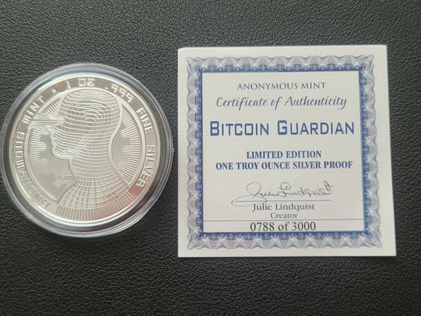2009 - CRYPTO! BITCOIN GUARDIAN COMMEMORATIVE 1 OZ SILVER PROOF ROUND CAPSULE & COA
