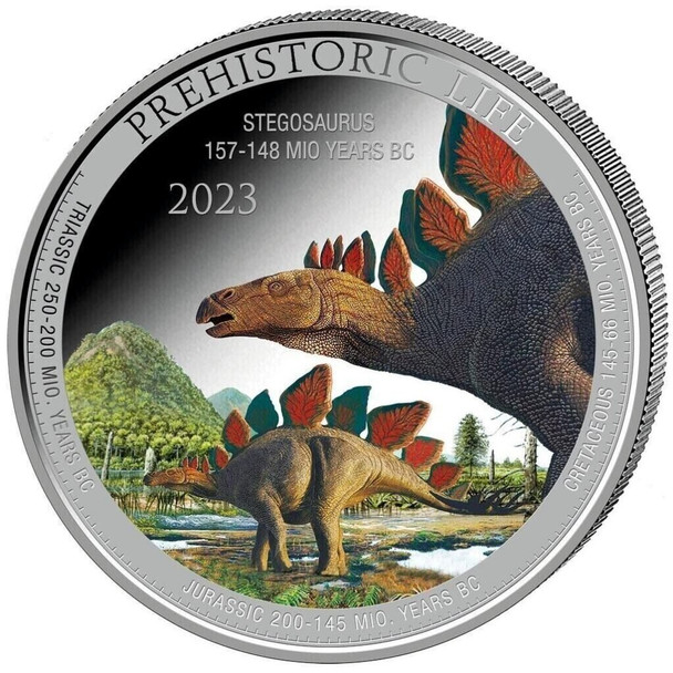 2023 - Prehistoric Life Stegosaurus (12.) 1 oz 999 Silver Colored Color Congo