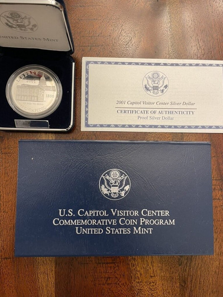 2001 US Capitol Visitor Center Silver Dollar Proof Silver Dollar Box and COA