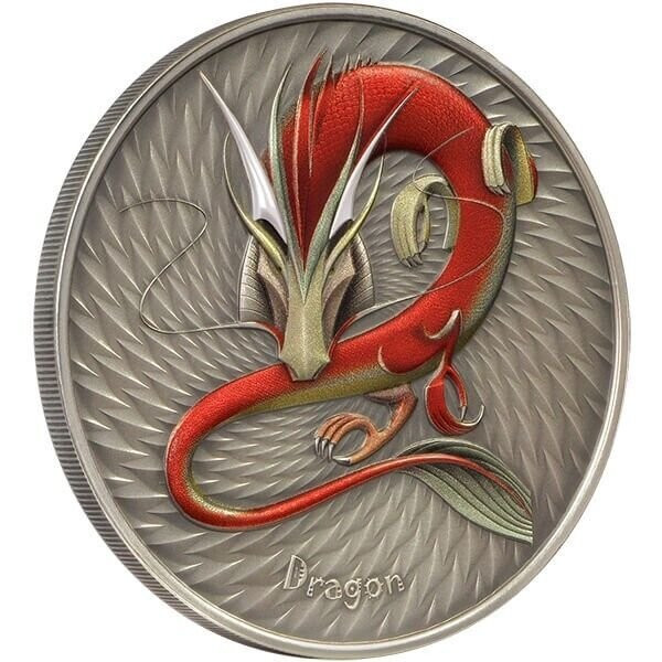 2023 - Dragon World of Cryptids 1 oz Antique Finish Silver Coin 2$ Niue