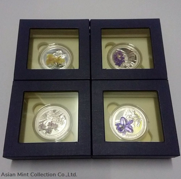 Commemorative Coin Thailand Orchids, Color Printed in polished silver, set of 4 coins