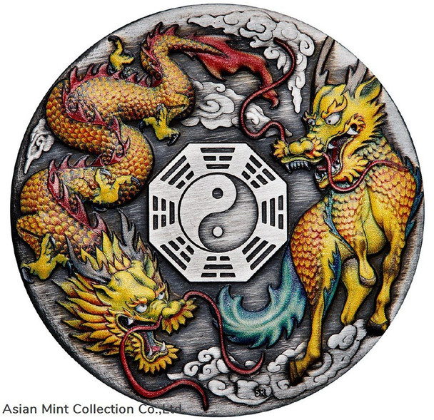 2022 2oz Dragon and Qilin with Bagua Silver Antiqued Coloured Coin