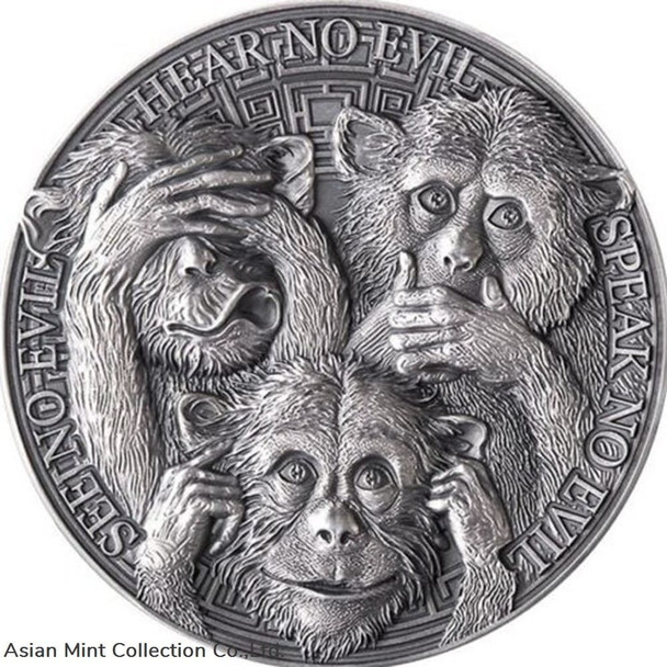 2022 - Three Wise Monkeys Life Quotes 1oz Coin 5 Cedis Republic of Ghana