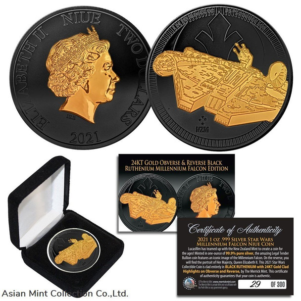 2021 NIUE 1oz Silver MILLENNIUM FALCON Star Wars Coin BLACK RUTHENIUM &amp; 24K Gold