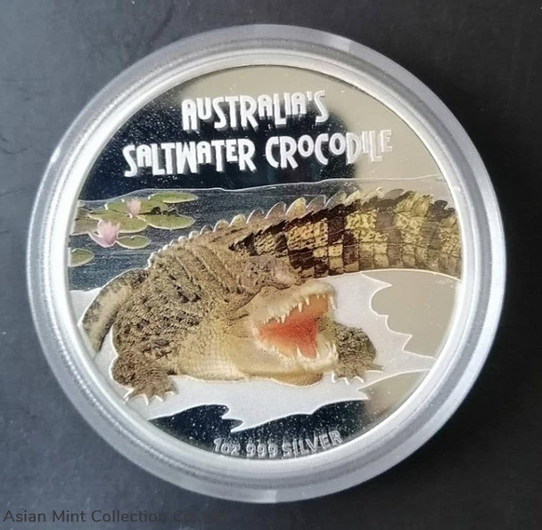 2009 Australia Saltwater Crocodile 1 Oz Silver Proof Coin with Color.