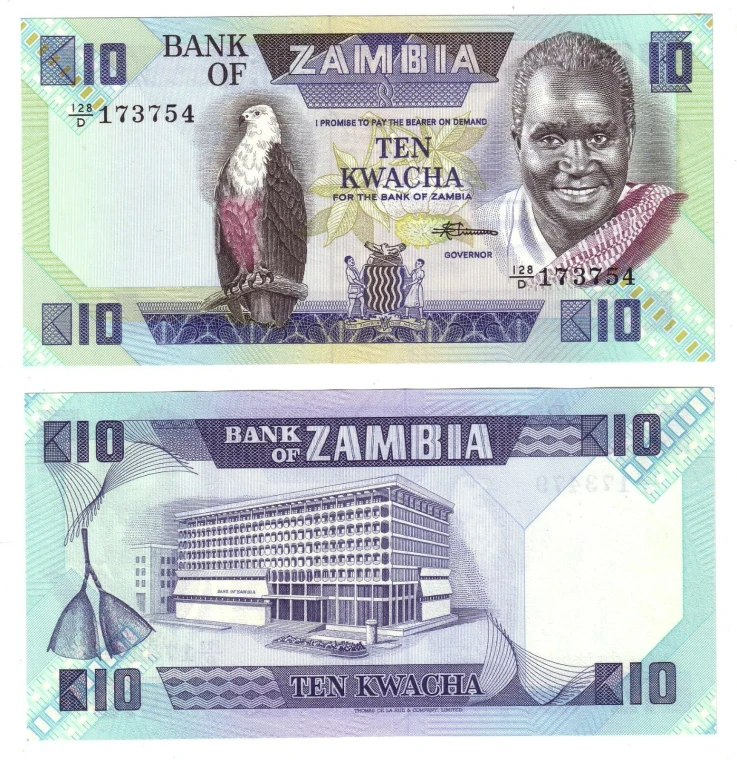 Banknote - 1980-88 Zambia, 10 Kwacha, P26 UNC, African Fish Eagle (F) Bank (R)