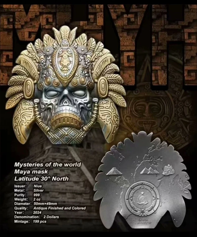2024 Niue Maya Mask 2oz Silver coin Mysteries of the World only 199pcs made