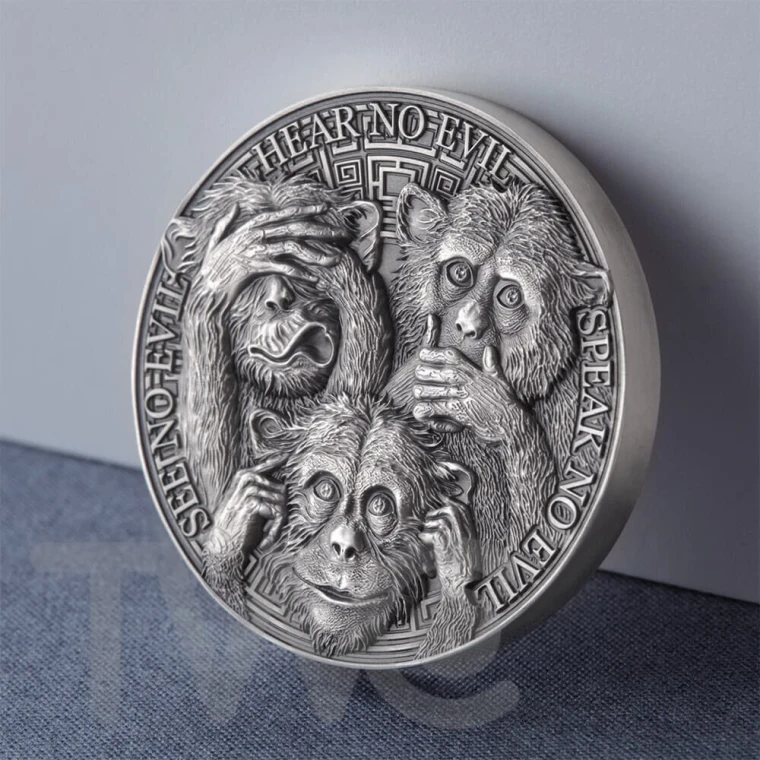 Three Wise Monkeys Life Quotes 1oz Antique finish Silver Coin 5 Cedis Ghana 2022
