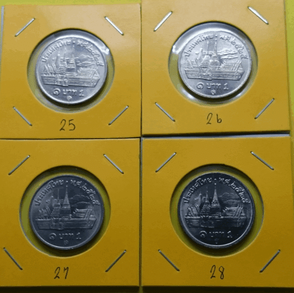 Complete set of 1 Baht coins featuring Wat Phra Kaew on the reverse, with codes from 25-26-27-28 (B.E. 2525), uncirculated.